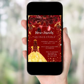 Quinceanera rood goud jurk boog bloemen kaart