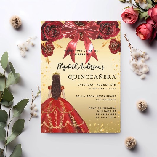 Quinceanera rood goud jurk boog bloemen kaart