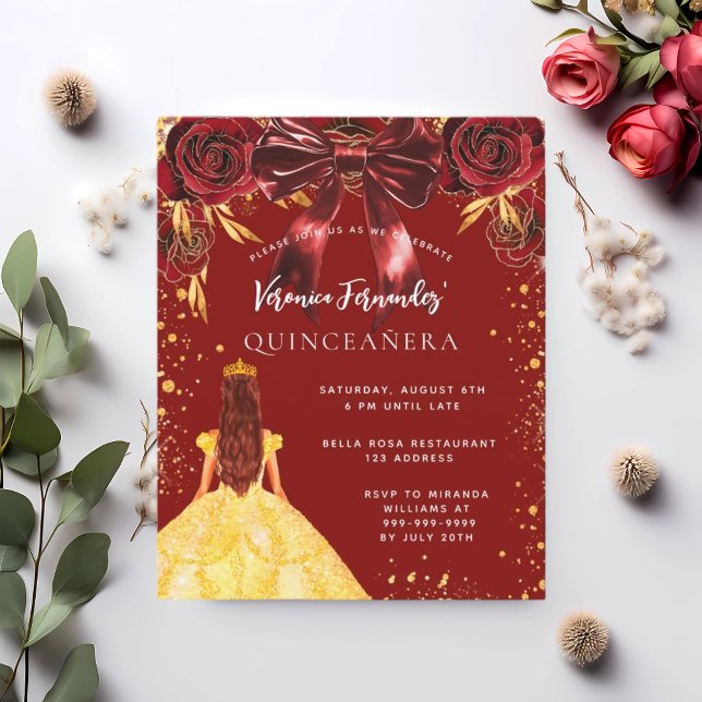 Quinceanera rood goud jurk boog bloemenuitnodiging (Creator heeft geüpload)