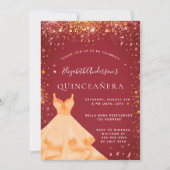 Quinceanera rood goud jurk glitter kaart (Voorkant)