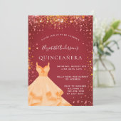 Quinceanera rood goud jurk glitter kaart (Staand voorkant)