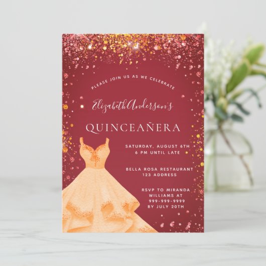 Quinceanera rood goud jurk glitter kaart (Staand voorkant)