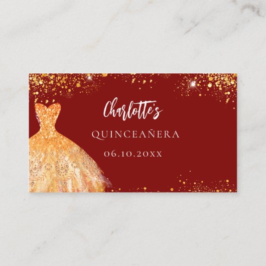 Quinceanera rood goud jurk reactie RSVP kaart (Achterkant)