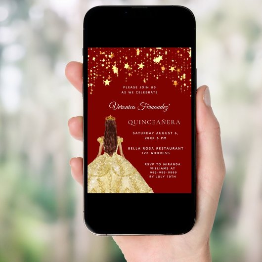 Quinceanera rood goud jurk sterren kaart