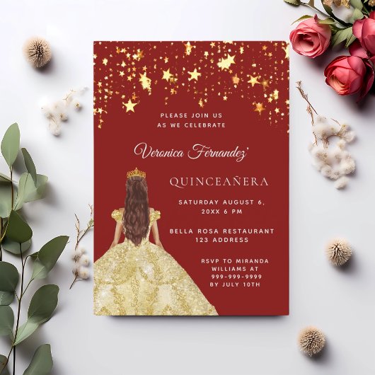 Quinceanera rood goud jurk sterren kaart