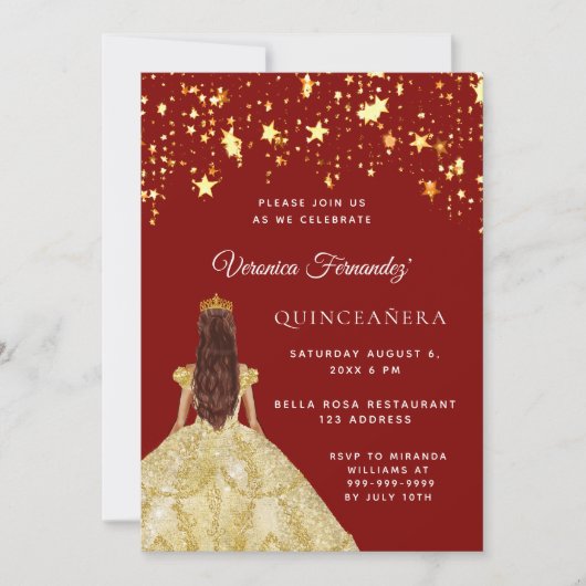 Quinceanera rood goud jurk sterren kaart (Voorkant)