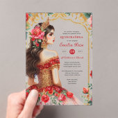 Quinceañera Rood Goud Mis Quince Jurk Bloemen Acryl Uitnodigingen (Insitu (Draagbaar))