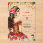 Quinceañera Rood Goud Mis Quince Jurk Bloemen Acryl Uitnodigingen (Voorkant)