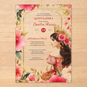 Quinceañera Rood Goud Mis Quince Jurk Bloemen Acryl Uitnodigingen (Voorkant)