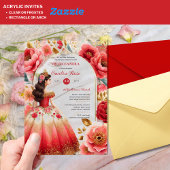 Quinceañera Rood Goud Mis Quince Jurk Bloemen Acryl Uitnodigingen