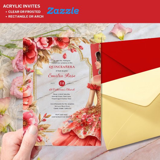 Quinceañera Rood Goud Mis Quince Jurk Bloemen Acryl Uitnodigingen