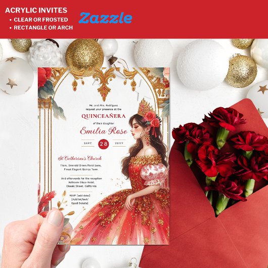 Quinceañera Rood Goud Mis Quince Jurk Bloemen Acryl Uitnodigingen