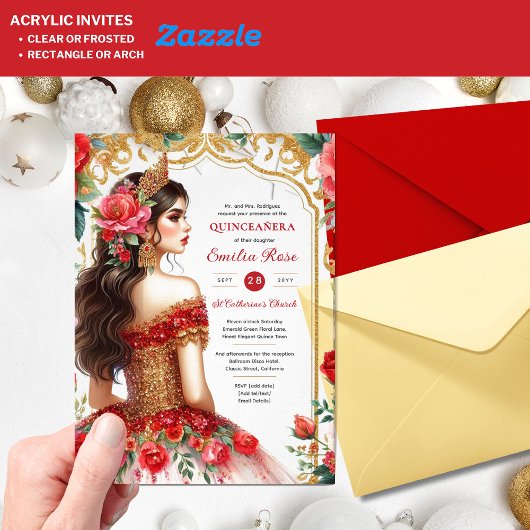 Quinceañera Rood Goud Mis Quince Jurk Bloemen Acryl Uitnodigingen