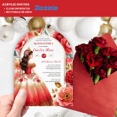 Quinceañera Rood Goud Mis Quince Jurk Bloemen Acryl Uitnodigingen