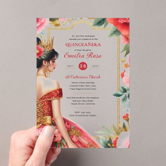 Quinceañera Rood Goud Mis Quince Jurk Bloemen Acryl Uitnodigingen (Insitu (Draagbaar))