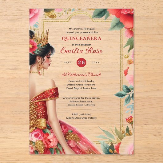 Quinceañera Rood Goud Mis Quince Jurk Bloemen Acryl Uitnodigingen (Voorkant)