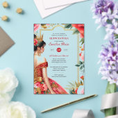 Quinceañera Rood Goud Mis Quince Jurk Bloemen Acryl Uitnodigingen (Insitu (Huwelijk))