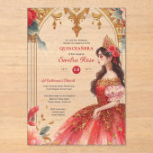 Quinceañera Rood Goud Mis Quince Jurk Bloemen Acryl Uitnodigingen (Voorkant)