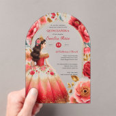 Quinceañera Rood Goud Mis Quince Jurk Bloemen Acryl Uitnodigingen (Insitu (Draagbaar))