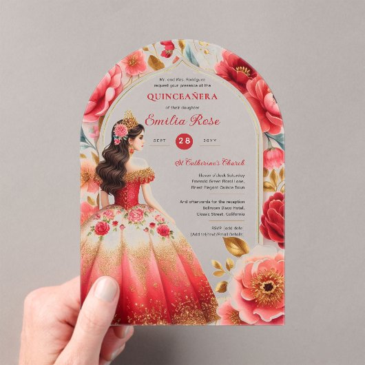 Quinceañera Rood Goud Mis Quince Jurk Bloemen Acryl Uitnodigingen (Insitu (Draagbaar))