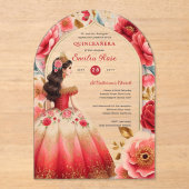 Quinceañera Rood Goud Mis Quince Jurk Bloemen Acryl Uitnodigingen (Voorkant)