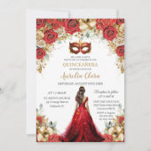 Quinceañera Rood Goud Rozen Bloemen Maskerade Ball Kaart (Voorkant)