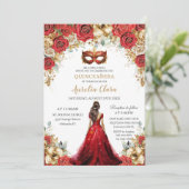 Quinceañera Rood Goud Rozen Bloemen Maskerade Ball Kaart (Staand voorkant)