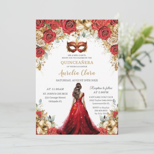 Quinceañera Rood Goud Rozen Bloemen Maskerade Ball Kaart (Staand voorkant)