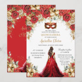 Quinceañera Rood Goud Rozen Bloemen Maskerade Ball Kaart (Voorkant / Achterkant)