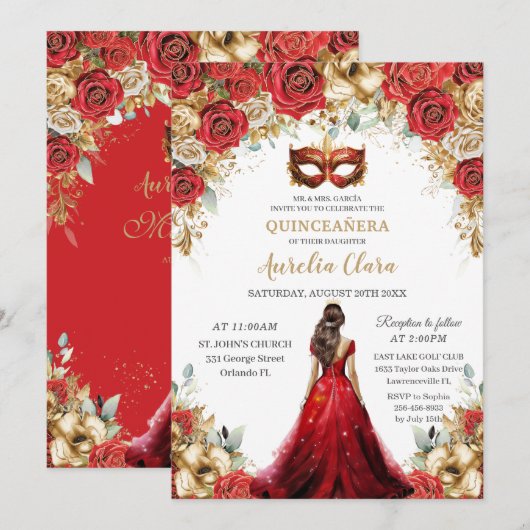 Quinceañera Rood Goud Rozen Bloemen Maskerade Ball Kaart (Voorkant / Achterkant)