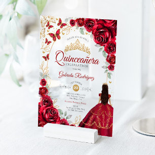 Quinceanera Rood Gouden Bloemen Acryl Uitnodigingen