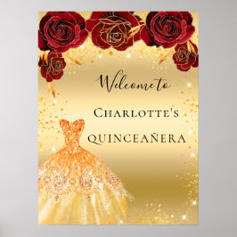 Quinceanera rood gouden glinsterjurk bloemrijke we poster