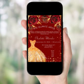 Quinceanera rood gouden jurk bloemen kaart