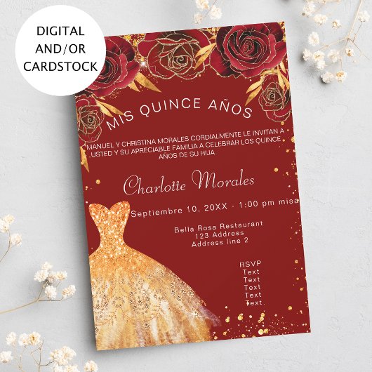Quinceanera rood gouden jurk bloemen kaart