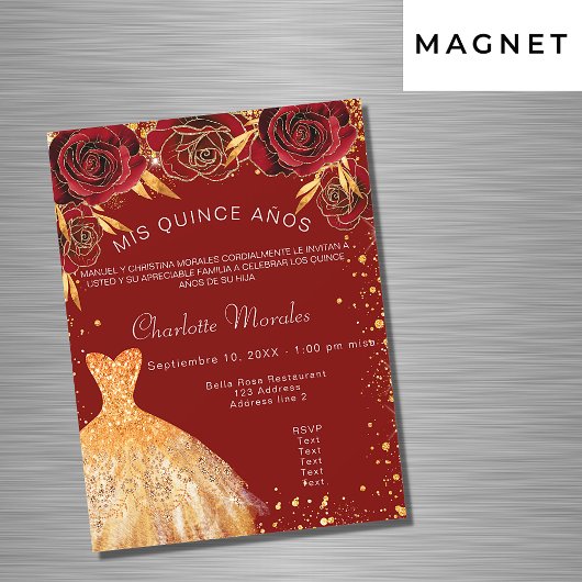 Quinceanera rood gouden jurk bloemen luxe magnetische uitnodiging