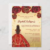 Quinceanera rood gouden jurk bloemen rozen kaart (Voorkant)