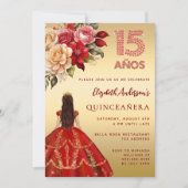 Quinceanera rood gouden jurk bloemen rozen kaart (Voorkant)