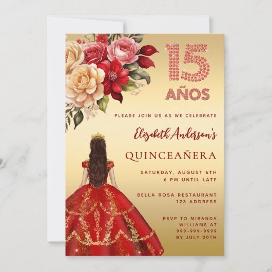 Quinceanera rood gouden jurk bloemen rozen kaart (Voorkant)