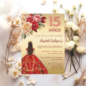 Quinceanera rood gouden jurk bloemen rozen kaart