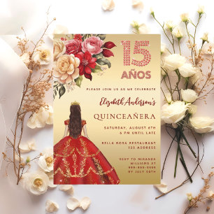 Quinceanera rood gouden jurk bloemen rozen kaart