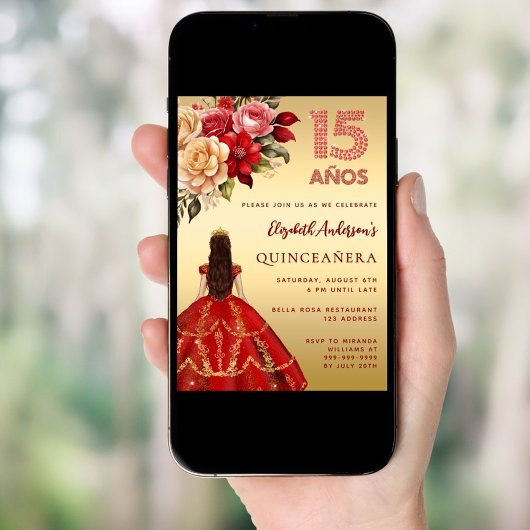 Quinceanera rood gouden jurk bloemen rozen kaart