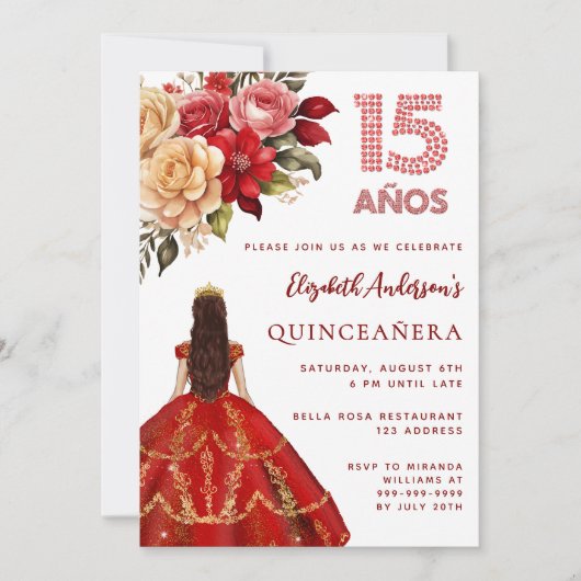 Quinceanera rood gouden jurk bloemen rozen wit kaart (Voorkant)