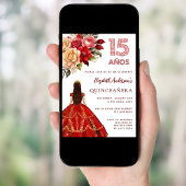 Quinceanera rood gouden jurk bloemen rozen wit kaart