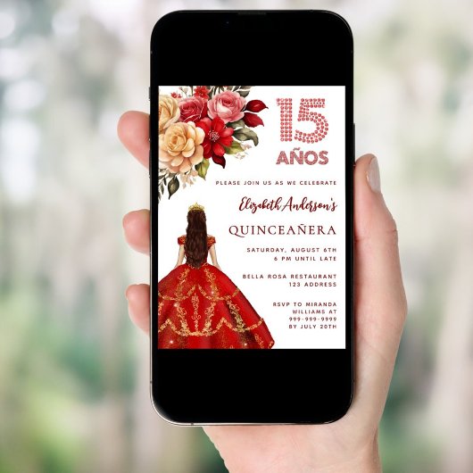 Quinceanera rood gouden jurk bloemen rozen wit kaart