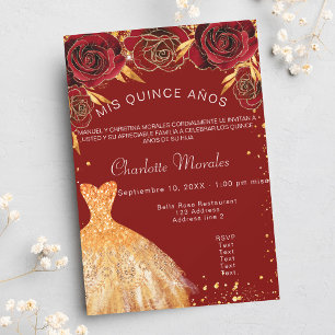 Quinceanera rood gouden jurk bloemen uitnodiging briefkaart