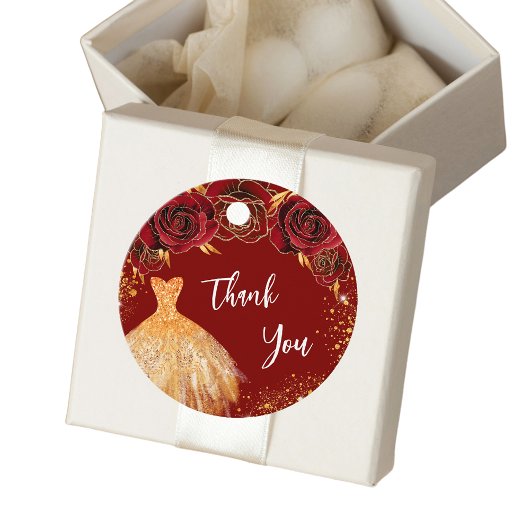 Quinceanera rood gouden jurk dank u bedankjes labels