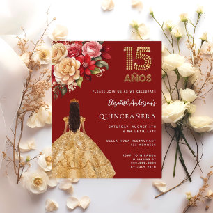 Quinceanera rood gouden jurk florale rozen uitnodi