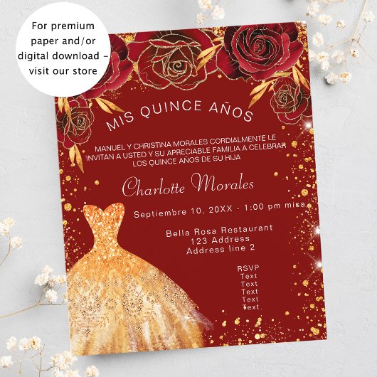 Quinceanera rood gouden jurk rozen budget uitnodig flyer