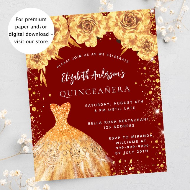 Quinceanera rood gouden jurk rozen uitnodiging (Creator heeft geüpload)