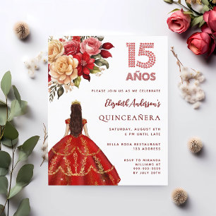 Quinceanera rood gouden jurk rozen uitnodiging